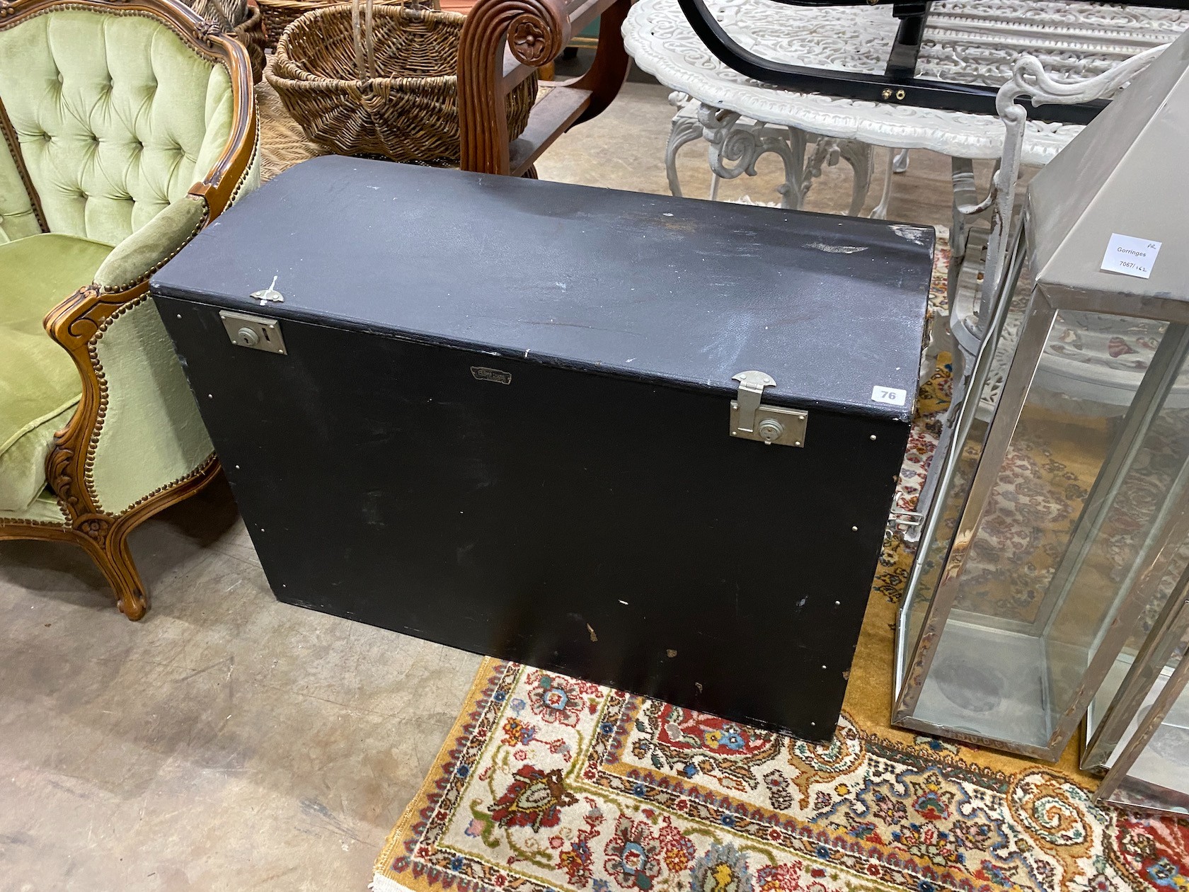A vintage Alford canvas covered motoring trunk with three drawers, width 91cm, depth 44cm, height 61cm